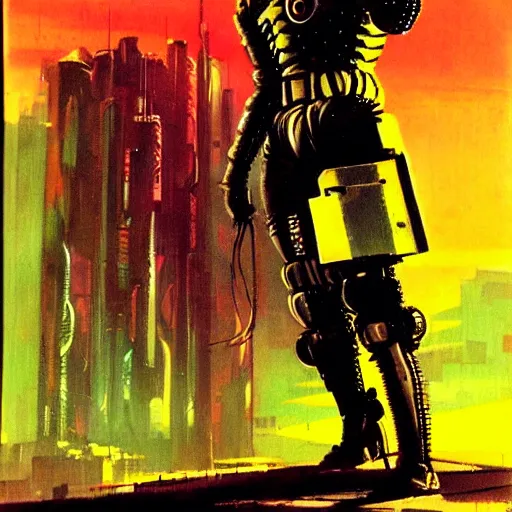 Image similar to cyberpunk knight, epic pose, by jack gaughan, pulp, sci - fi, atmospheric lighting, painted, intricate, ultra detailed