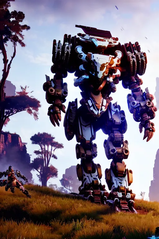 Image similar to a cinematic still from horizon zero dawn, full body mech, armored core, intact humanoid servo, octane render, nvidia raytracing demo, masterpiece, aged armor plating, decipticon armor plating, aggressive head, endoekeleton exposure