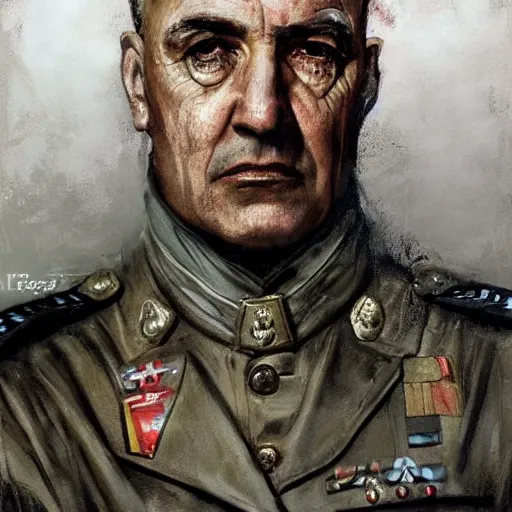 Image similar to portrait of a spanish republican general vicente rojo lluch, face portrait, epic, tragic, military art, fantasy, dieselpunk, hd shot, digital portrait, beautiful, artstation, comic style, by artgerm, guy denning, jakub rozalski, magali villeneuve and charlie bowater