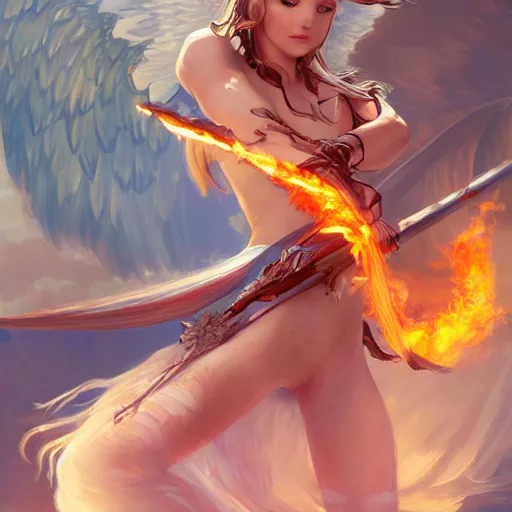 Image similar to An angel with a flaming sword fighting a pterodactyl, detailed, digital painting, artstation, pixiv, Krenz Cushart, WLOP, Artgerm, Alphonse Mucha