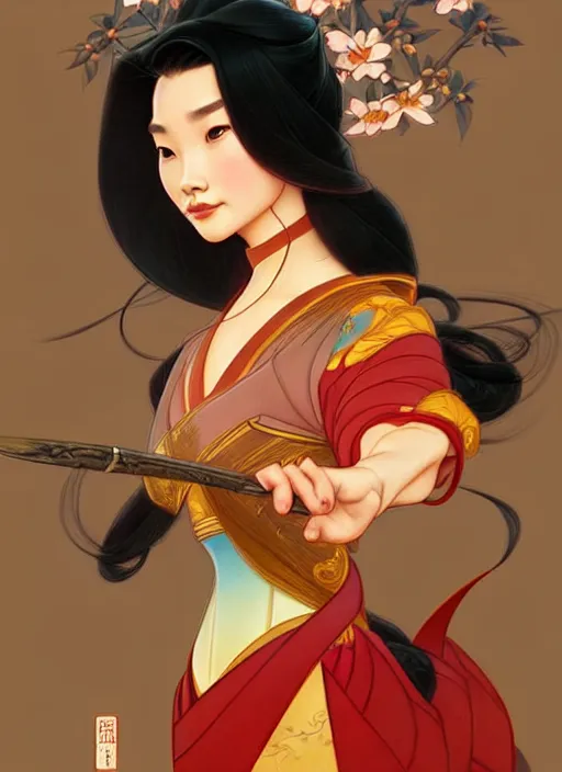 Image similar to portrait of disney mulan, intricate, elegant, highly detailed, my rendition, digital painting, artstation, concept art, smooth, sharp focus, illustration, art by artgerm and greg rutkowski and alphonse mucha and uang guangjian and gil elvgren and sachin teng, symmetry!!