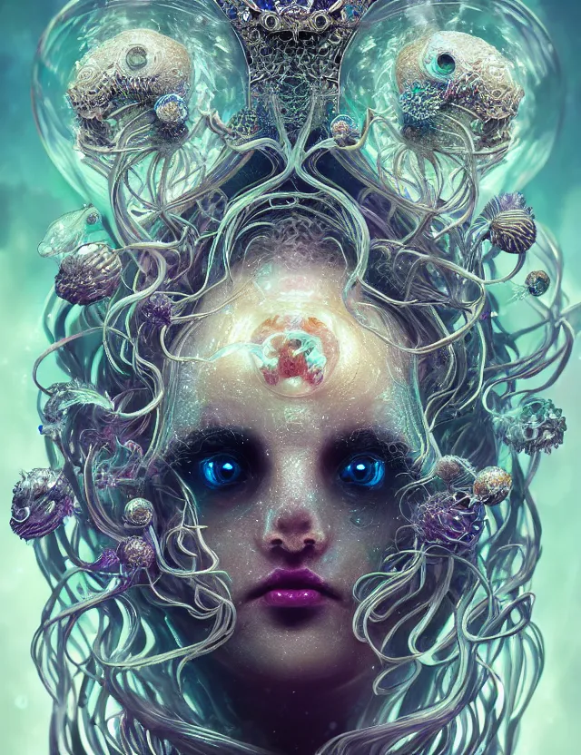 Image similar to goddess macro close - up portrait in crown made of ram skull. betta fish, jellyfish phoenix, bioluminiscent, plasma, ice, water, wind, creature, super intricate ornaments artwork by tooth wu and wlop and beeple and greg rutkowski