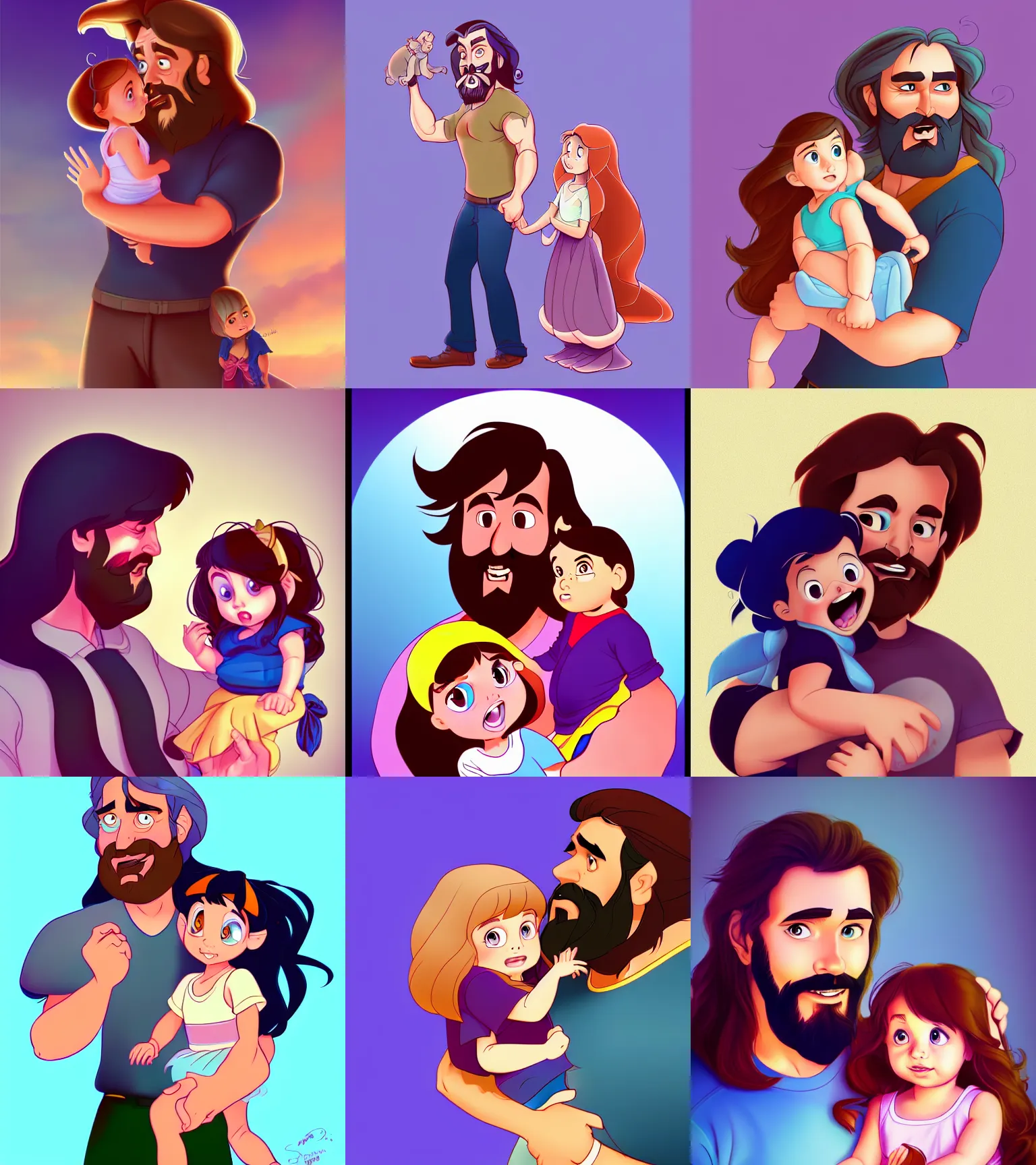 Image similar to a long - haired bearded father and his child toddler girl full color digital illustration in the style of don bluth, artgerm, artstation trending, 4 k