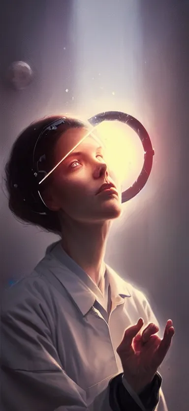 Prompt: a portrait art of a female scientist in a laboratory holding a small black hole in her hands, inspired art by istvan sandorfi and greg rutkowski, concept art, stylised, elegant, illustration, high quality, highly detailed, long hair, digital art, pinterest