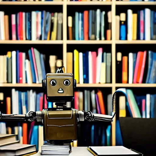 Prompt: a robot reading a book sitting in a desk chair and on the table a desk lamp turned on, in the background many books