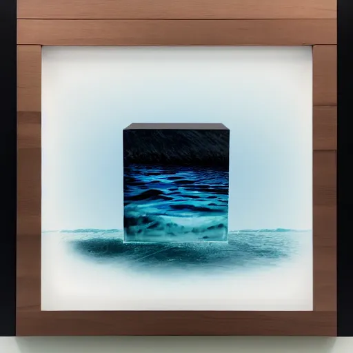 Image similar to a cube in the middle of the sea with images of a sea squall on its sides. framed. vignette. in the style of Richard Serra