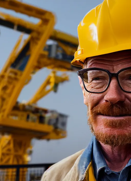 Image similar to closeup portrait of cheerful bryan cranston as a crane operator, yellow hardhat, natural light, bloom, detailed face, magazine, press, photo, steve mccurry, david lazar, canon, nikon, focus