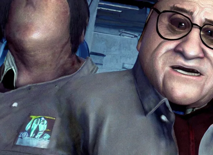 Prompt: video game still of danny devito in the video game resident evil 2,