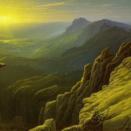 Image similar to a wanderer looking down from the peak of a mountain, distant valley, trees, sunset, sunrays, dramatic light, high detail, masterpiece, painted by caspar david friedrich