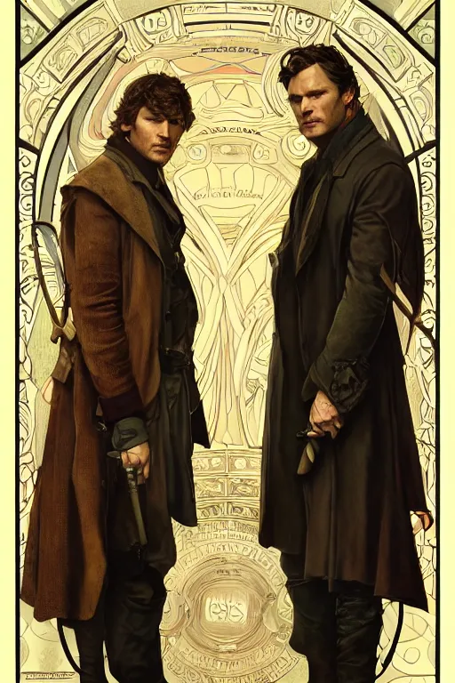 Image similar to a detailed matte portrait of jensen ackles and jared padalecki as sherlock holmes and watson, masterpiece, 8 k, art by alphonse mucha and greg rutkowski