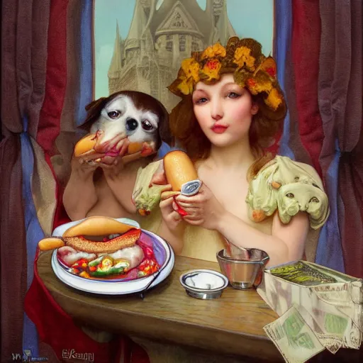 Image similar to hot dogs and yogurt is a messy eating contest, wlop, elvgren, mucha, mark ryden