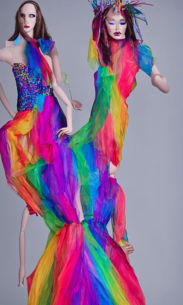 Image similar to full-length photo of a mannequin wearing a sheer rainbow dress, fashion photography