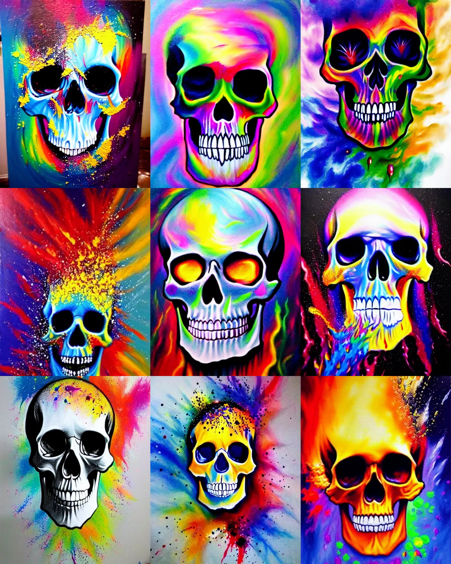 Prompt: magical paint exploding and flowing from the artist's sceneryskull