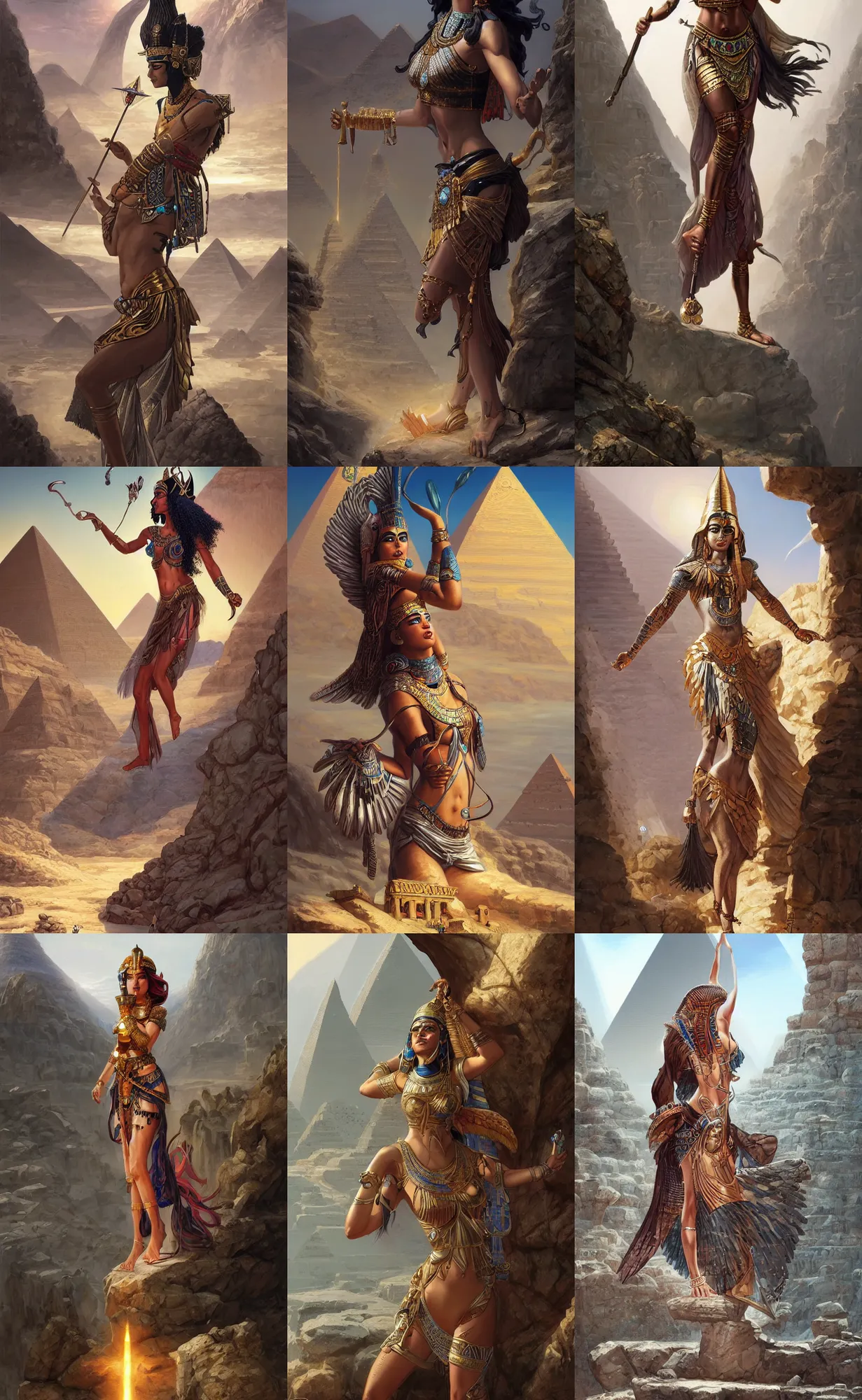 Prompt: isis egyptian goddess of magic, rocks and mountain background, highly detailed, digital painting, artstation, concept art, sharp focus, illustration, orientalism, art by aleksi briclot and mohrbacher and raphael lacoste and magali villeneuve
