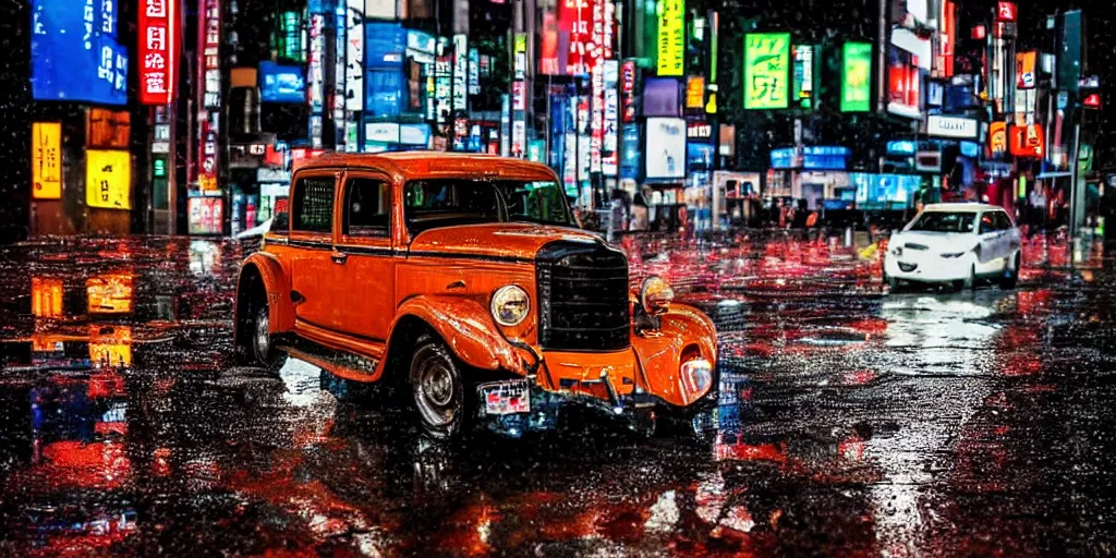 Prompt: color photograph close up macro shot of a ford t car on wet tokyo street at night in the future, intricate, hyper detailed, smooth, dramatic lighting, cinematic