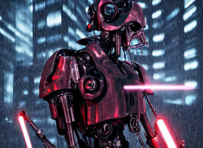 Image similar to portrait photo of general grievous with heavy duty biomechanical cybernetic body with 4 arms holding 4 activated red lightsabers in the rain. cyberpunk horror style.