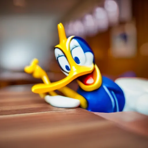 Image similar to donald duck sleeping in a restaurant surrounded by laughing drunk people eating spaghetti and playing violins. highly detailed flash photography. shallow depth of field