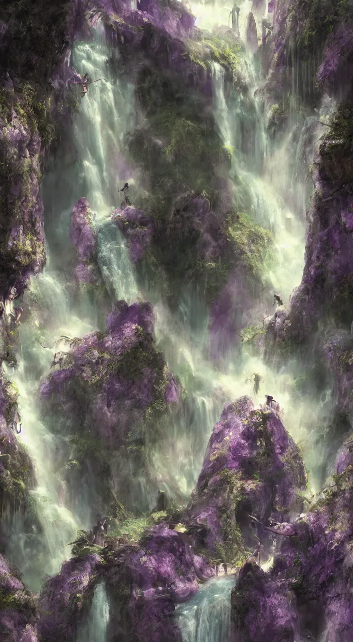 Prompt: a mystical fairy city in the amethysts wall of a dreamy waterfall cave with and lilac sunrays, trending on artstation, concept art, matte painting, by giger, by degas, by goya, by munch 8 k