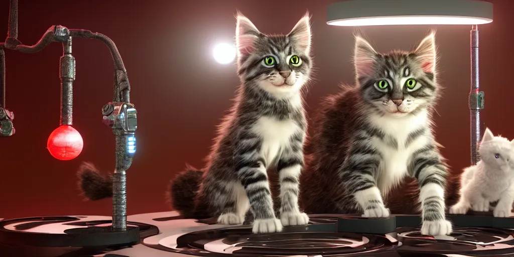 Image similar to a 3 d rendered movie still a cute robotic kitten with rgb ambient lighting implants. the robot maine coon kitten. in the background is a cyberpunk cat tree with rgb dramatic lighting. science fiction blockbuster movie from the future, imax 7 0 mm. octane 3 d render, style of mandalorian ( american space western television series )