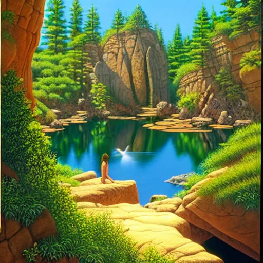 Image similar to Larry Elmore painting - You step to the edge of the rocky opening and peer over. You see a tranquil pond and a sandy beach 20 feet below. The opening’s bottom leads to a cave, its verdant flora a stark contrast to the rocky sides.