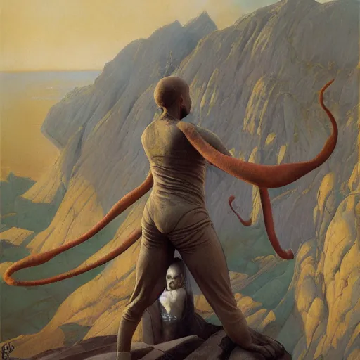 Prompt: Man wearing a praying mantis costume standing on a cliff brandishing an orb uni-ball palette knife eric gill charlie bowater guillem h. pongiluppi donato giancola Bastien Lecouffe-Deharme j.c. leyendecker eleanor fortescue-brickdale encaustic silverpoint