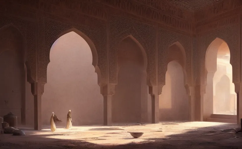 Prompt: Interior shot painting of an interior Moroccan Castle with glossy ceramic floor in the middle of desert with dunes by Greg Rutkowski and Craig Mullins, Dark atmospheric sad and cinematic lighting, Trending on artstation