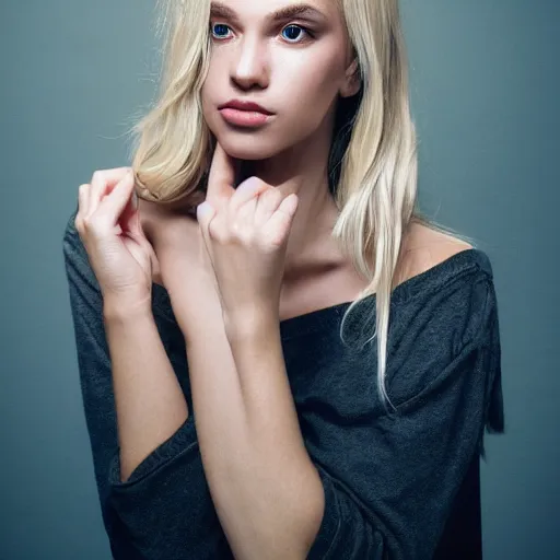 Prompt: a realistic photo of a gorgeous young woman, fashion model portrait, studio lighting, blonde hair, in the style of Daniel Jackson and Julia Hetta, artstation, cinematic color grading, muted colors, soft light, rule of thirds, cinematic,