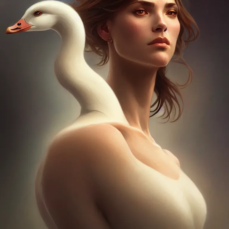 Prompt: anthromorphic goose girl portrait, sci - fi face, elegant, highly detailed, digital painting, artstation, concept art, smooth, sharp focus, illustration, art by artgerm and greg rutkowski and alphonse mucha