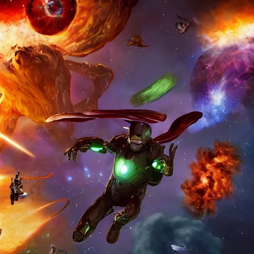 Image similar to the avengers battle one eldritch garfield in space, galaxy, hd, 8 k, explosions, gunfire, lasers, giant, epic, realistic photo, unreal engine, stars, prophecy, powerful, cinematic lighting, destroyed planet, debris, justice league, movie poster, violent, sinister, ray tracing, dynamic, print, epic composition, dark, lasagna, horrific