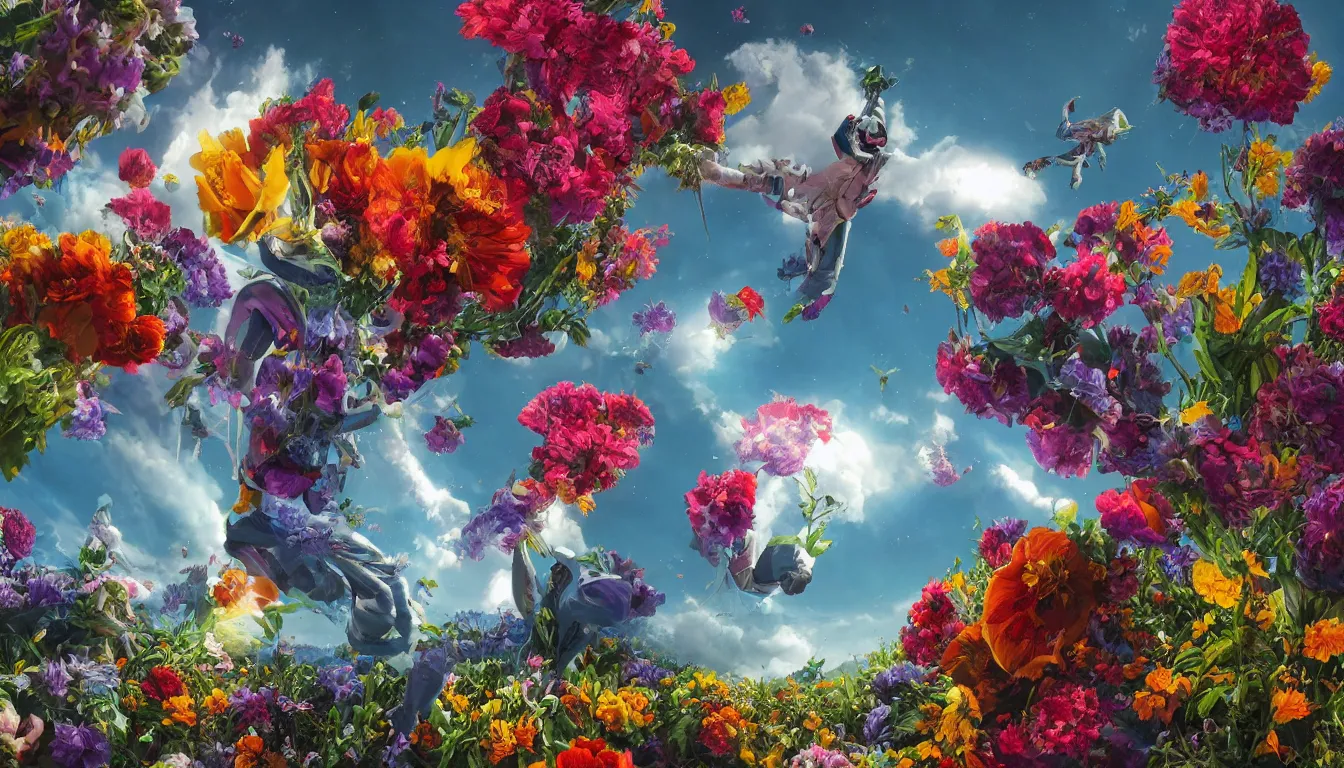 Prompt: An epic fantastic realism comic book style painting of the most beautiful flowers launched into space, bouquets, fisheye lens, the Earth is forming, unreal 5, DAZ, hyperrealistic, octane render, dynamic lighting