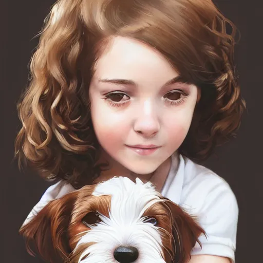 Prompt: a seven year old girl with short wavy curly light brown hair petting the head of a very cute wire haired jack russell terrier puppy, white with brown patches over both eyes. detailed, high quality painting by artgerm and greg rutkowski and ilya kuvshinov