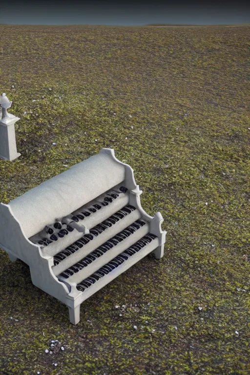 Prompt: a detailed modeling of an isolated lonely large porcelain pipe organ in the middle of an icelandic plain, intertwined with a lone stone pillar, trending on artstation, render, 3 d, octane, 4 k, 8 k, unreal engine, cinema 4 d, baroque, art deco,