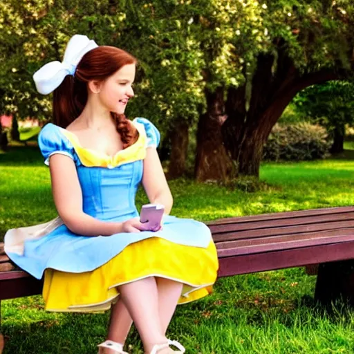 Prompt: Belle from Disney's Beauty and the Beast playing with an iPhone while sitting on a bench in a park. She has on a white summer dress with yellow accents and a blue ribbon in her hair.