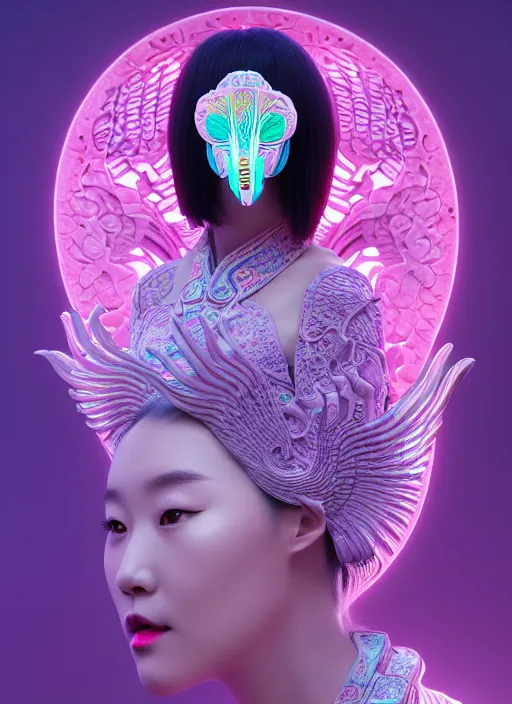 Prompt: 3 d goddess medium shot profile portrait. beautiful intricate highly detailed korean gumiho mask and traditional korean hanbok. stingray, magpie, bio luminescent, plasma, lava, ice, water, wind, creature, purple fog, artwork by tooth wu and wlop and beeple and greg rutkowski, trending on artstation,