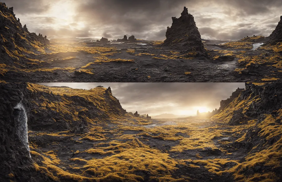 Image similar to a highly detailed icelandic environment on the edge of an huge abyss, detailed intelligent scrollwork, hyperreal phantastic, intricate details in environment, meeting point, luminance, golden ratio, high aestehtic, cinematic light, dramatic light, godrays, distance, photobash, wideangle, bierstadt, hyperreal 4 k