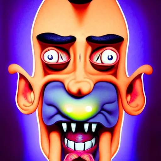 Image similar to mr. bean mad scientist psychopath making extremely silly faces, conjuring up mysterious colorful potions, glows, 3 point lighting, portrait by gaston bussierre and charles vess and james jean and erik jones and rhads, inspired by ren and stimpy epic, funny, beautiful fine face features, intricate high details, sharp, ultradetailed