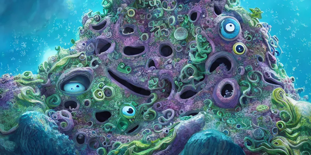 Image similar to of an intricate sea reef with strange cute friendly happy creatures with huge eyes, mouth, long tongue, round teeth and goofy face, appearing from the background, in the style of gehry and gaudi, macro lens, shallow depth of field, ultra detailed, digital painting, trending artstation, concept art, illustration, cinematic lighting, photorealism, epic, octane render