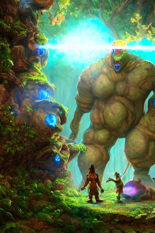 Image similar to arcane fantasy art giant golem elemental wood rock bastion forged gemstone enchanted forest troll, global illumination ray tracing hdr fanart arstation by sung choi and eric pfeiffer and gabriel garza and casper konefal lisa frank zbrush central hardmesh radiating a glowing aura