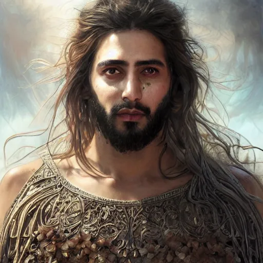 Image similar to portrait painting of a middle - eastern man with shoulder length hair wearing a tattered feather cloak and armor, ultra realistic, concept art, intricate details, eerie, highly detailed, photorealistic, octane render, 8 k, unreal engine. art by artgerm and greg rutkowski and charlie bowater and magali villeneuve and alphonse mucha