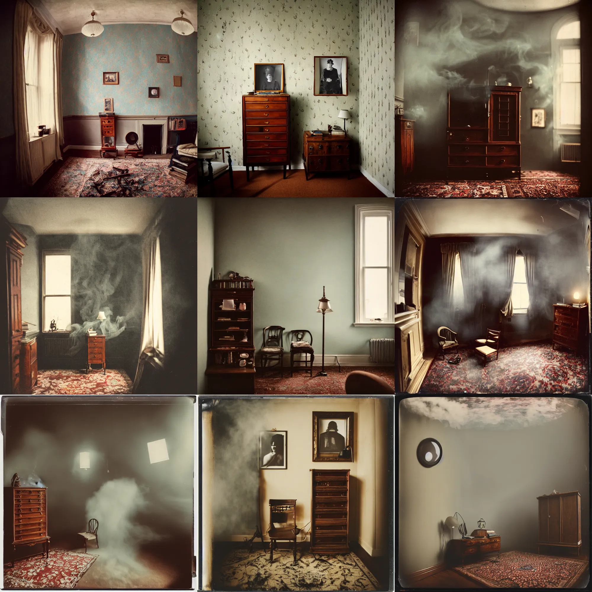 Image similar to kodak portra 4 0 0, wetplate, 8 mm extreme fisheye, award - winning portrait by britt marling, 1 9 2 0 s room, ghost, picture frames, shining lamps, dust, smoke, 1 9 2 0 s furniture, wallpaper, carpet, books, muted colours, wood, fog,