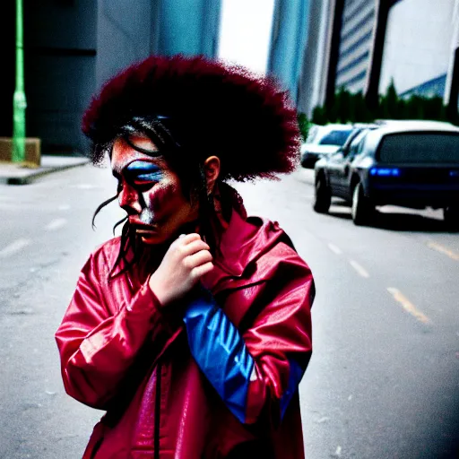 Image similar to Cinestill 50d candid extreme wide shot of a poor techwear mixed woman wearing makeup crying outside of a futuristic city on fire, cyberpunk, tattoos, homeless tents on the side of the road, military police, extreme long shot, desaturated, full shot, action shot, blurry, 4k, 8k, hd, full color