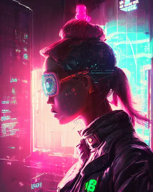 Image similar to detailed side profile portrait Neon Operator Girl, cyberpunk futuristic neon, reflective puffy coat, decorated with traditional Japanese ornaments by Ismail inceoglu dragan bibin hans thoma greg rutkowski Alexandros Pyromallis Nekro Rene Maritte Illustrated, Perfect face, fine details, realistic shaded, fine-face, pretty face