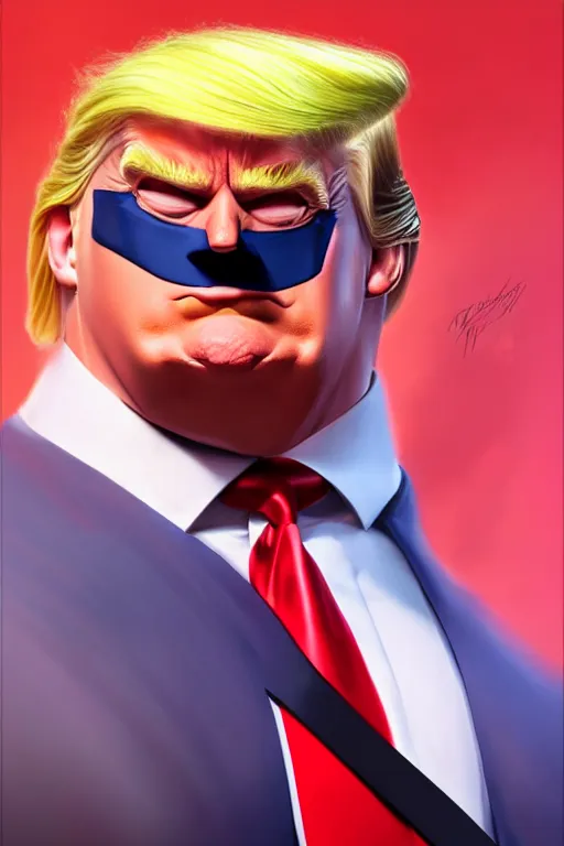 Image similar to trump as mr. incredible from the incredibles, hyper realistic, highly detailed, digital painting, trending on artstation, concept art, sharp focus, illustration, art by artgerm and greg rutkowski and fuji choko and viktoria gavrilenko and hoang lap