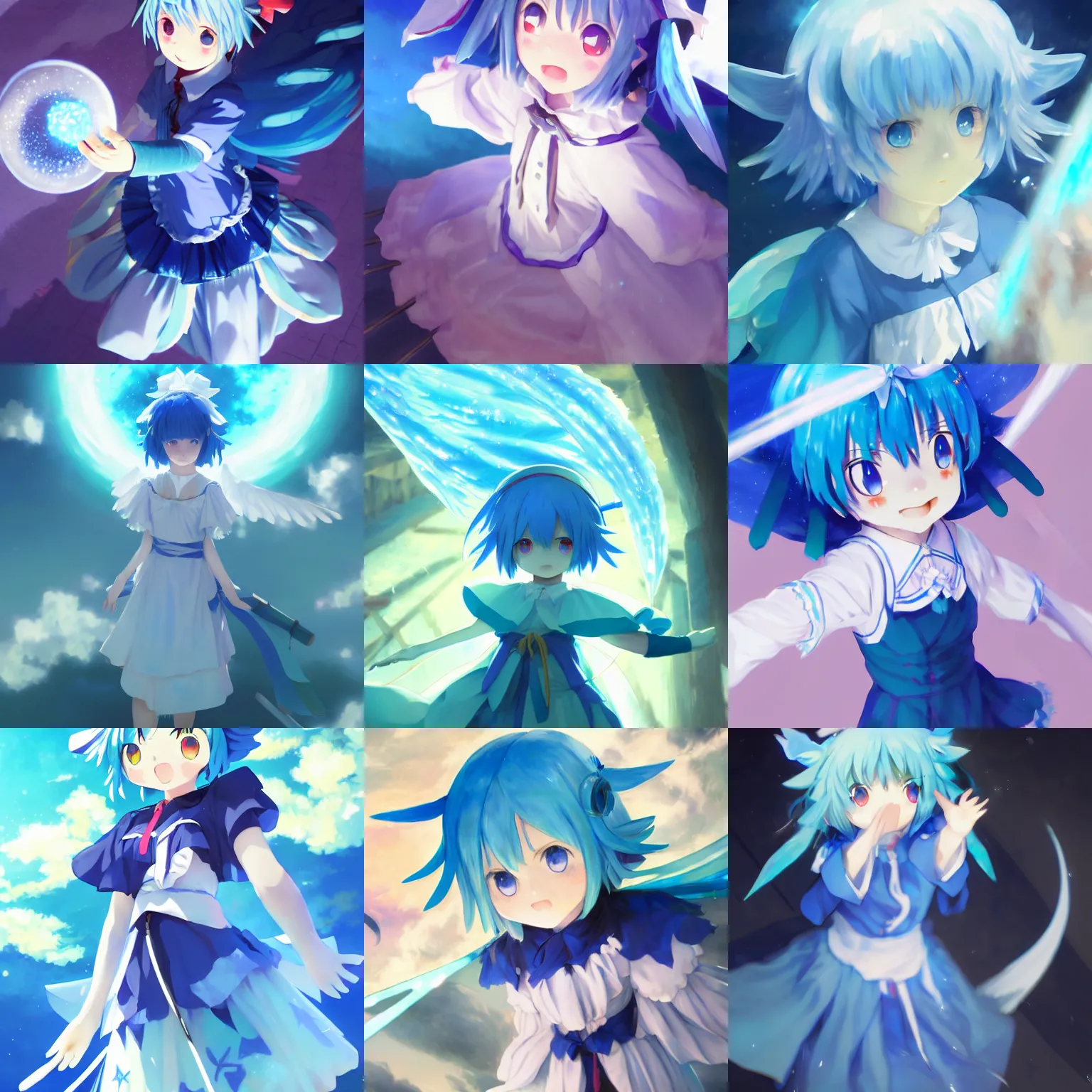 Image similar to pixiv artwork of cirno from touhou project, cirno touhou artwork by greg rutkowski makoto shinkai key art kyoto animation 4 k 8 k ultrahd trending detailed eyes