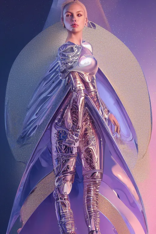 Prompt: detailed portrait glam cyber noun, attractive feminine curves, intricated, scifi, futuristic, elegant cape, year 2 1 0 0, elegant, alien room background, white, blue, pink, gold, photorealism, trending on artstation, holy machine, advanced technology, art by moebius and vitaly bulgarov and chanthara