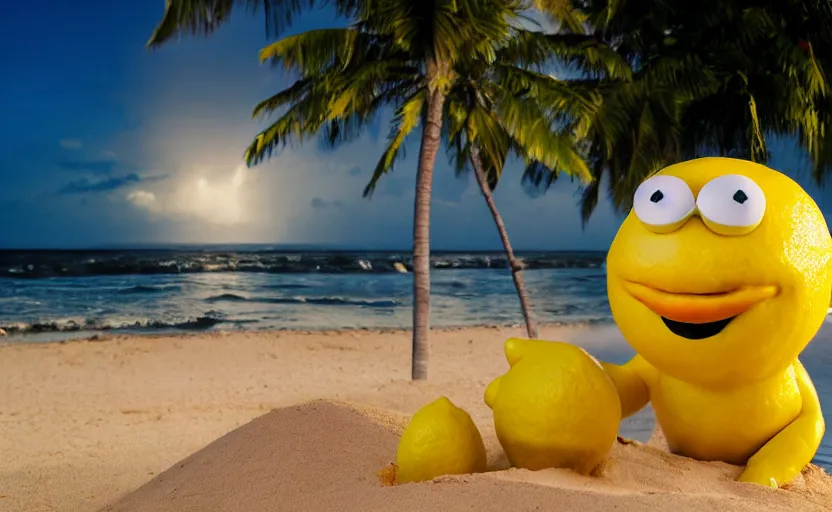 Image similar to 5 0 mm photograph, of a real anthropomorphic lemon character, with lemon skin texture, it is wearing a hat and scuba diving, building a sandcastle on the beach at sunset, beach, huge waves, sun, clouds, tropical trees, rim light, cinematic photography, professional, sand, sandcastle, volumetric lightening