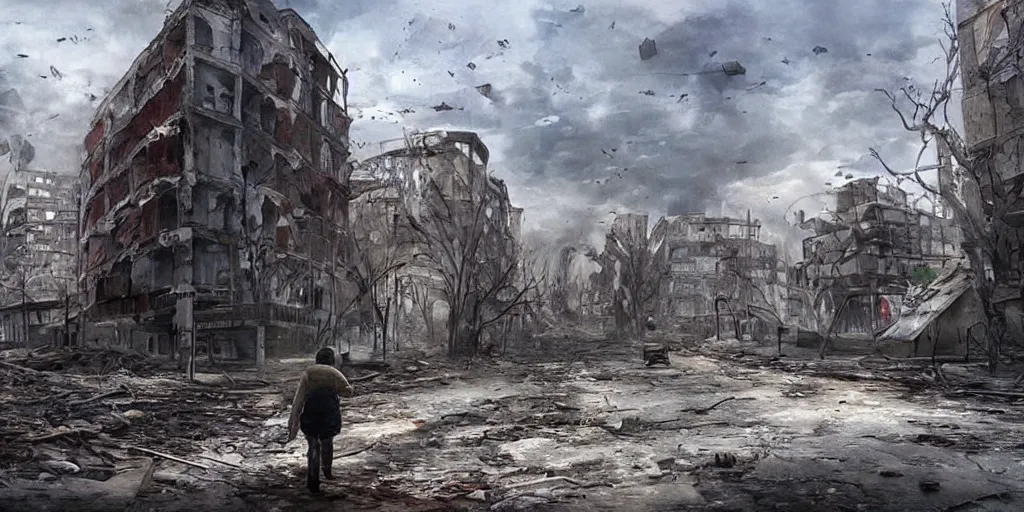 Image similar to dilapidated detailed buildings, beautiful concept art of donetsk during war