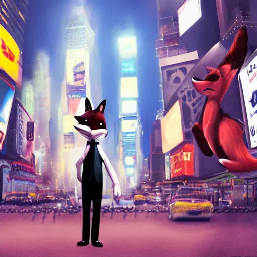 Image similar to anthropomorphic furry fox wearing a tuxedo stands on the times square ,detailed, environment, building, cinematic lights,Digital Art, Artstation