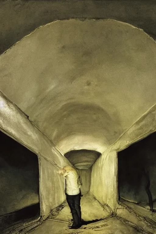 Image similar to Andrew Wyeth artwork, A man with a wooden box under his arm stands inside a dark tunnel, looking up with an expression of horror
