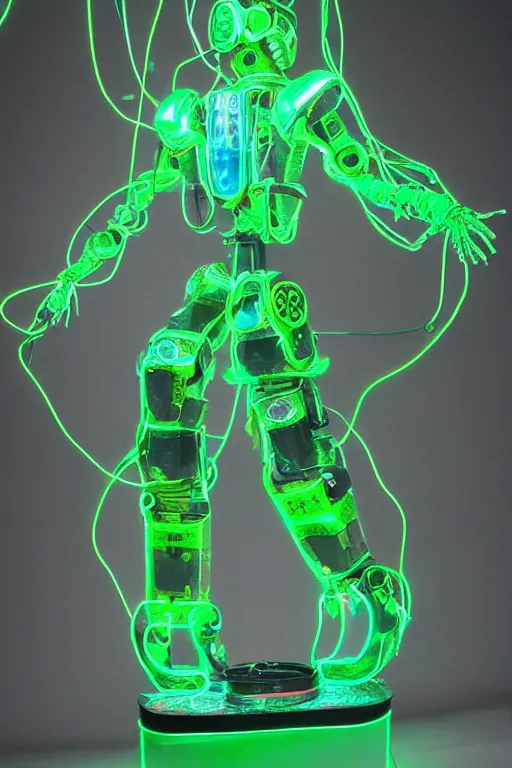 Image similar to full-body rococo and cyberpunk style green neon and ceramic statue of a muscular attractive Spanish robot god humanoid wearing a see-through silk cloak sim roupa, posing like a falling model, suspended from the ceiling with thick neon cables, glowing mint face, crown of red steampunk lasers, emeralds, swirling silver silk fabric. futuristic elements. oozing glowing liquid, full-length view. space robots. human skulls. throne made of bones, intricate artwork by caravaggio. Trending on artstation, octane render, cinematic lighting from the right, hyper realism, octane render, 8k, depth of field, 3D